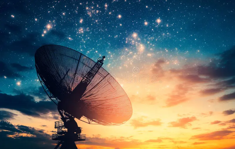 Communication, Security & Surveillance Solutions large satellite dish used to transmit receive signals out earth sunset looking radio space 404052610
