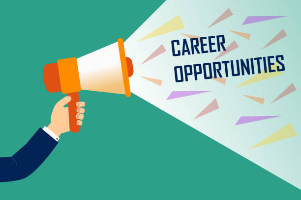 Home Business man holding a megaphone, announcing career opportunities. Career opportunity banner poster for business. Green background.